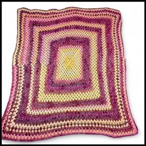 Handmade Granny Square Crochet Blanket Afghan Throw Pink Purple Yellow 45x53 VTG